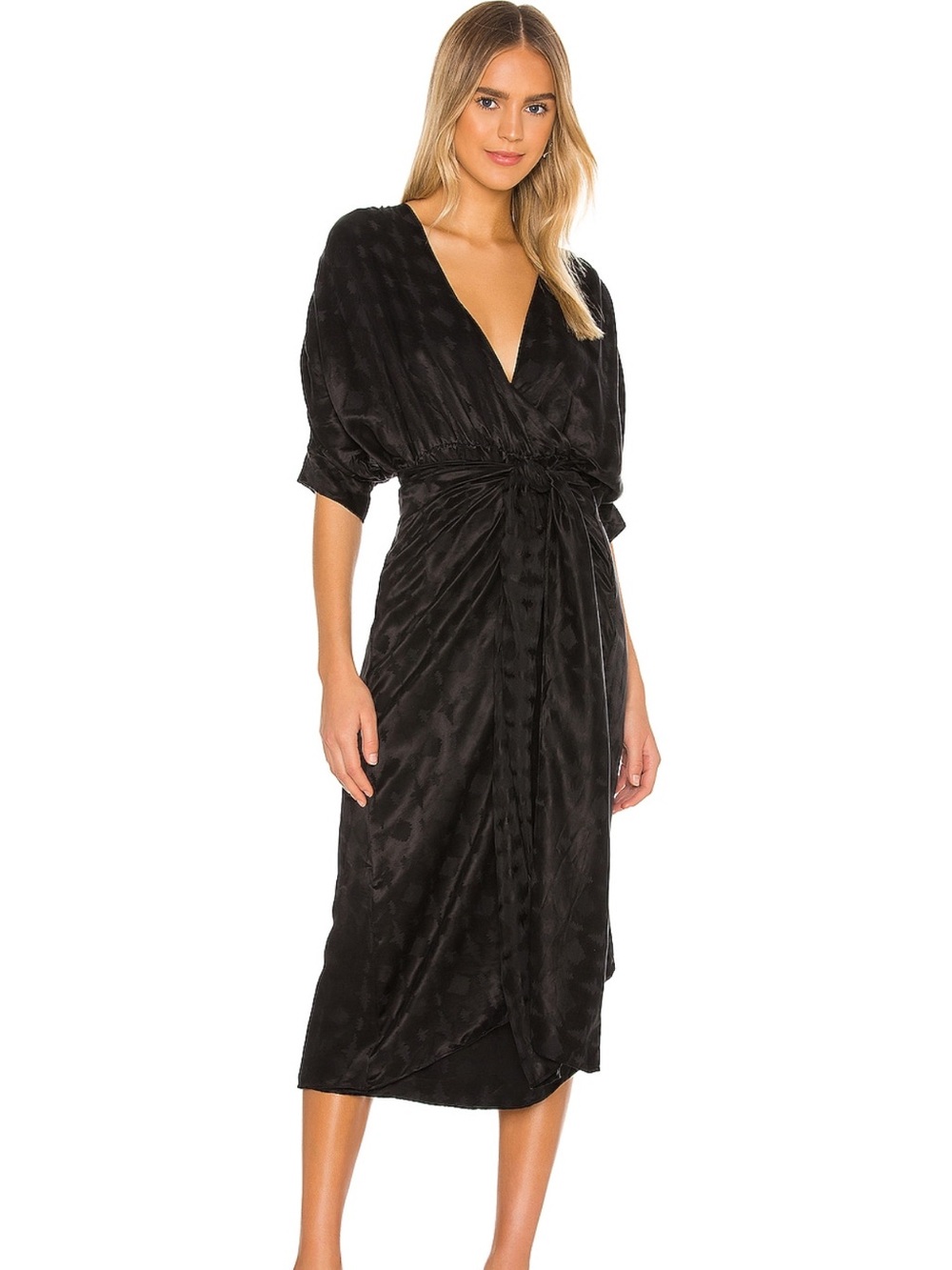 Callahan Black Satin Wrap Midi Dress with Tie Waist